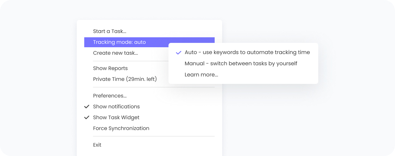 a screenshot of the menu of TimeCamp desktop app 