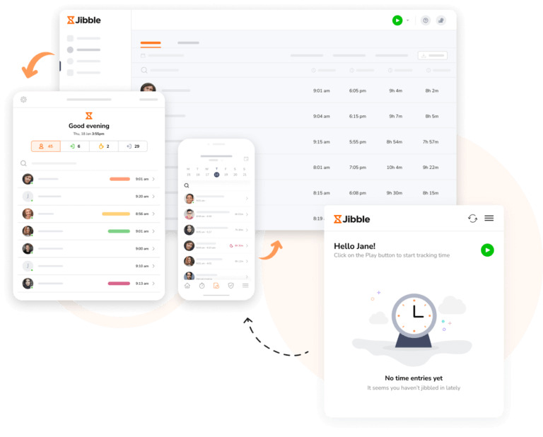 a collage of time tracking features of Jibble clock in app