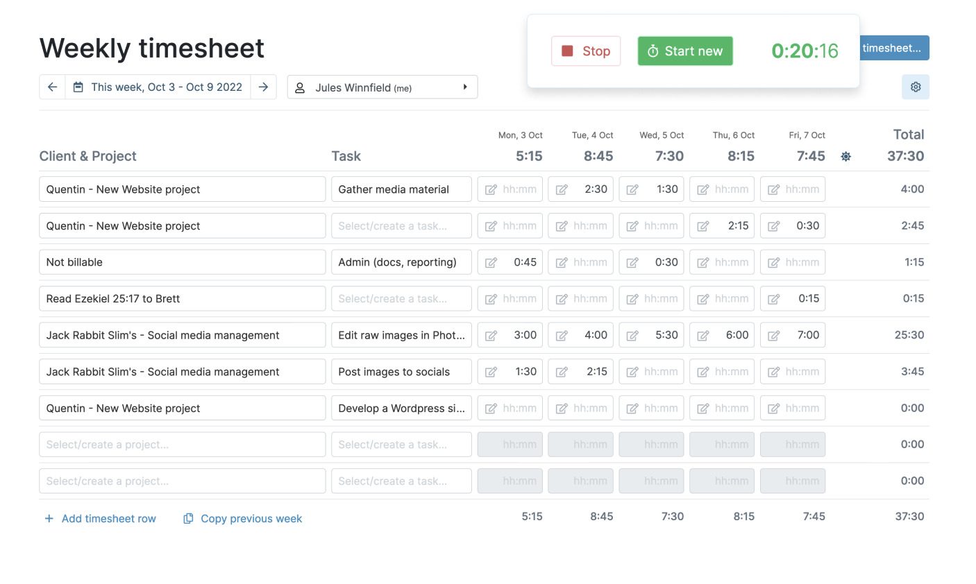 a collage of timesheet features of myhours tool