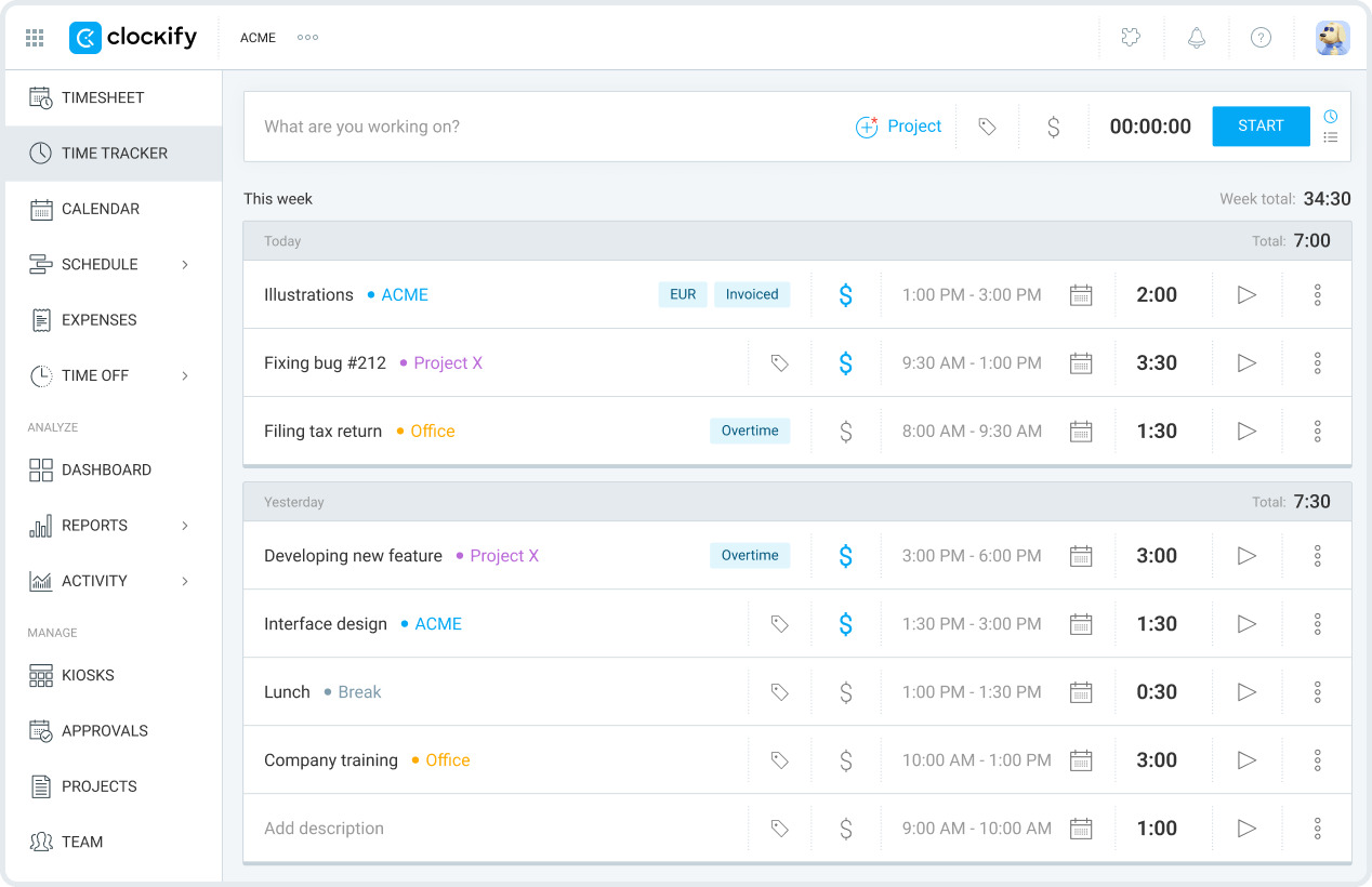 screenshot of clockify timesheet view