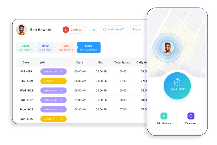 a collage of Connectteam app versions for mobile and desktop