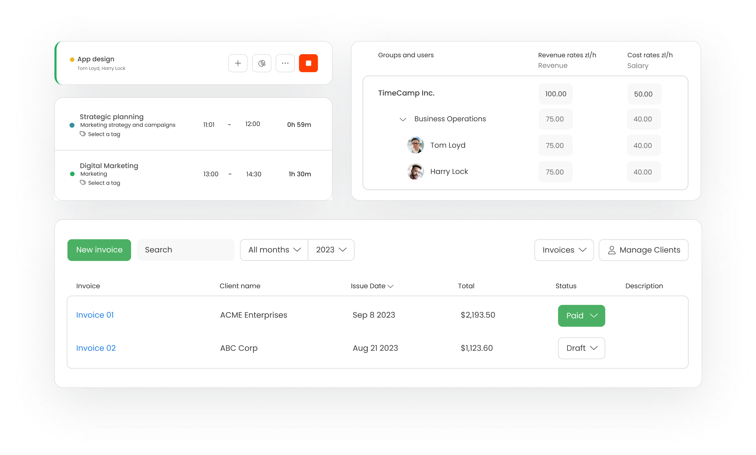 billing and invoicing in TimeCamp for freelancers