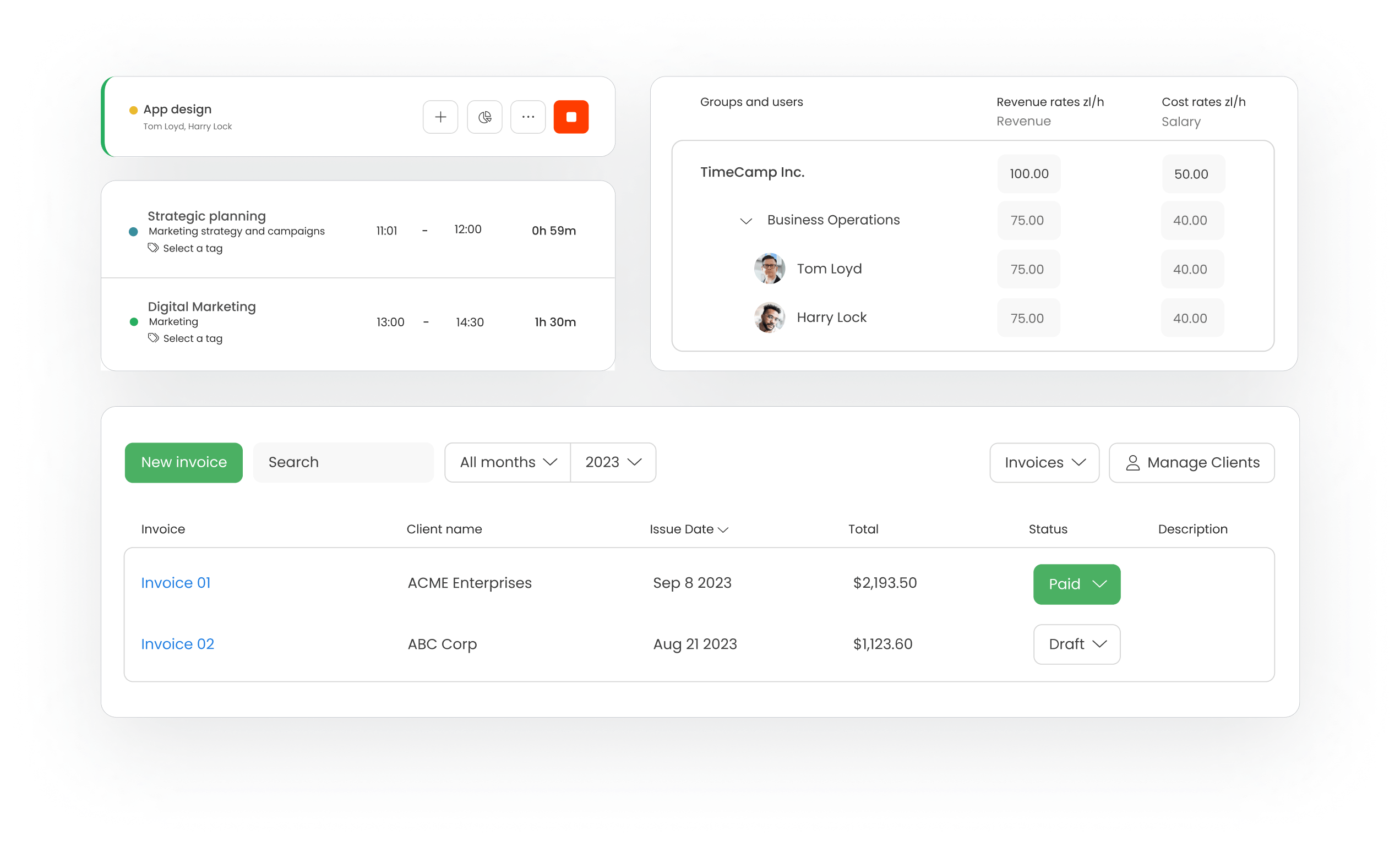 Billing and invoicing in TimeCamp, best time tracking software.