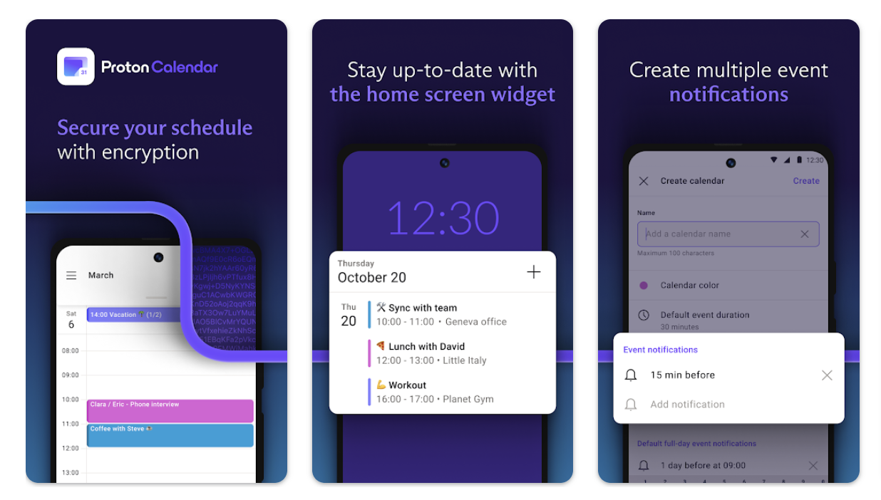 a collage of different view of proton calendar app for android