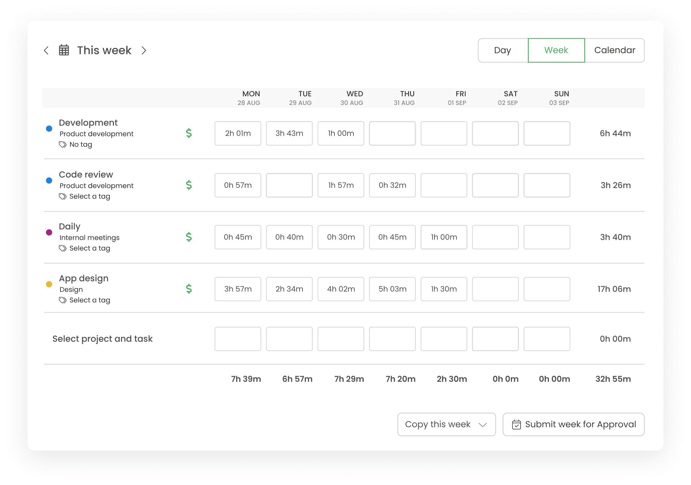 week view of timecamp employee productivity tracking software