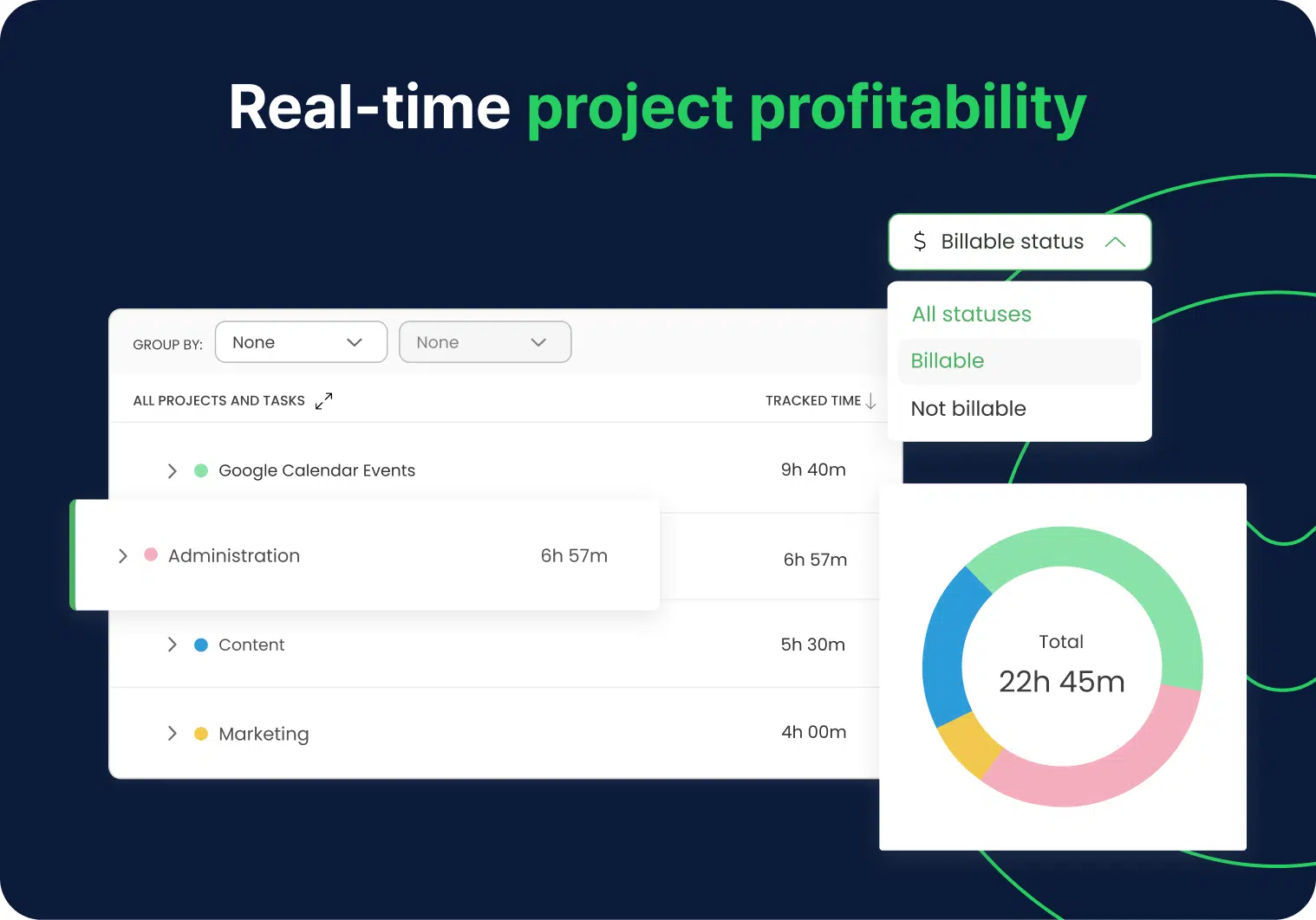 a collage of features offered by timecamp, best billable hours trackers
