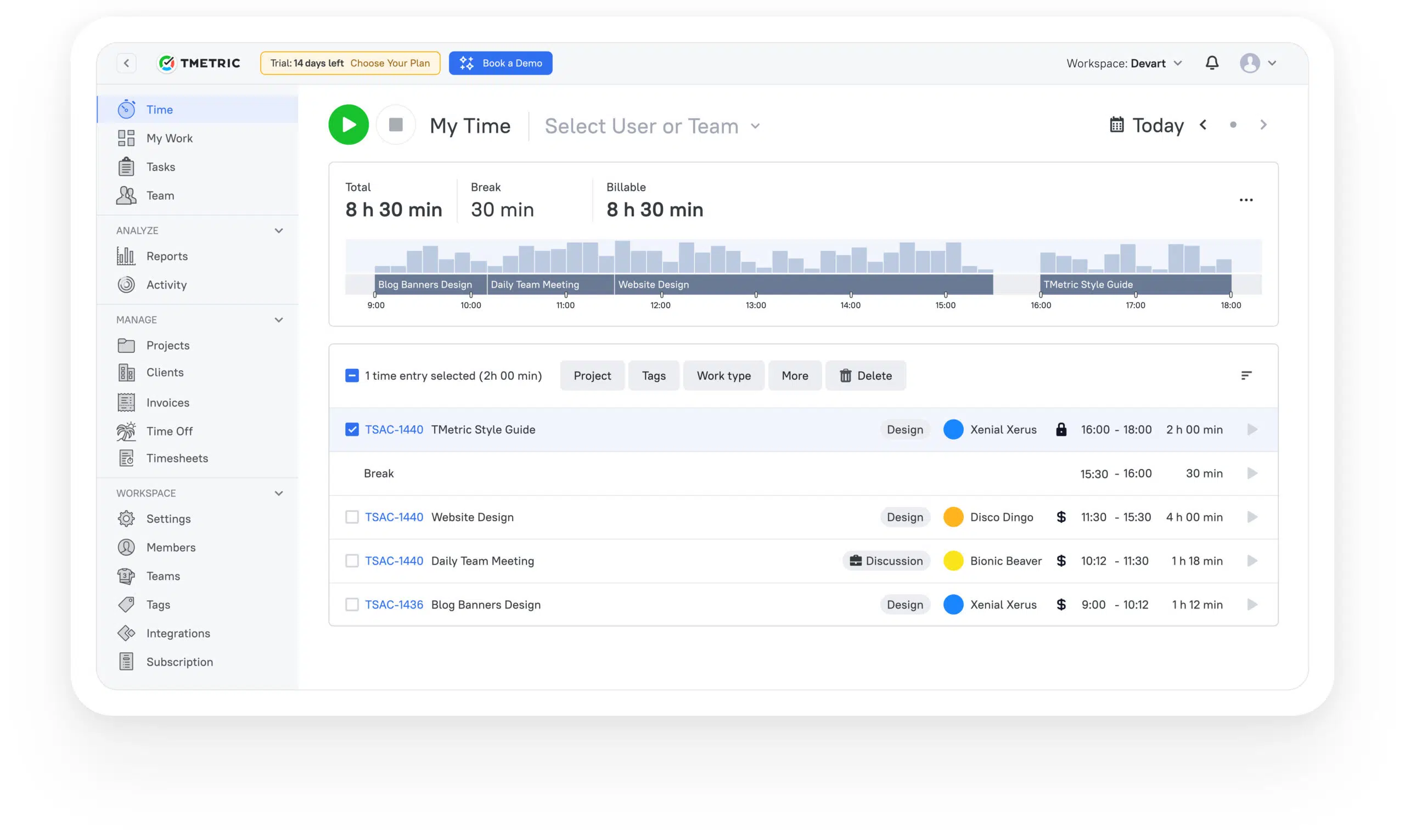 a screenshot of tmetric time reporting tool