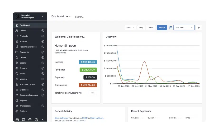 a screenshot of invoice view in invoice ninja tool
