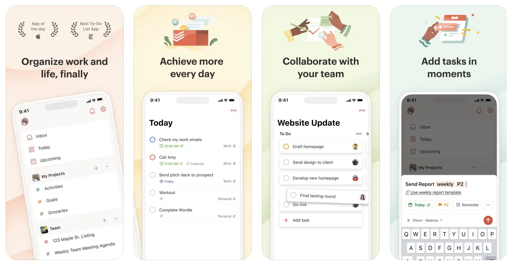 a collage of different features offered by Todoist app for iphone