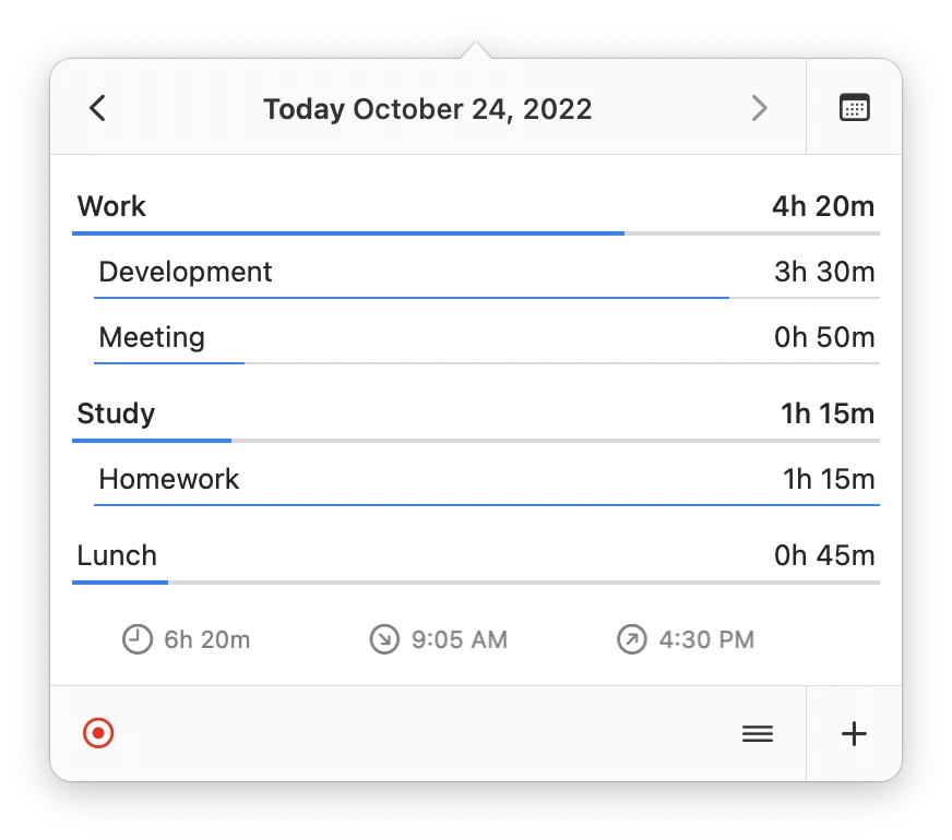a screenshot of daily timesheet view