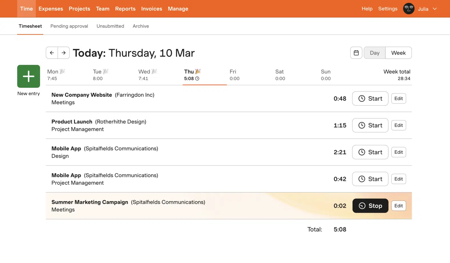 a screenshot of harvest timesheet view