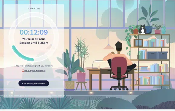 a collage of a vector image of a person sitting in front of the desk and rescuetime timer