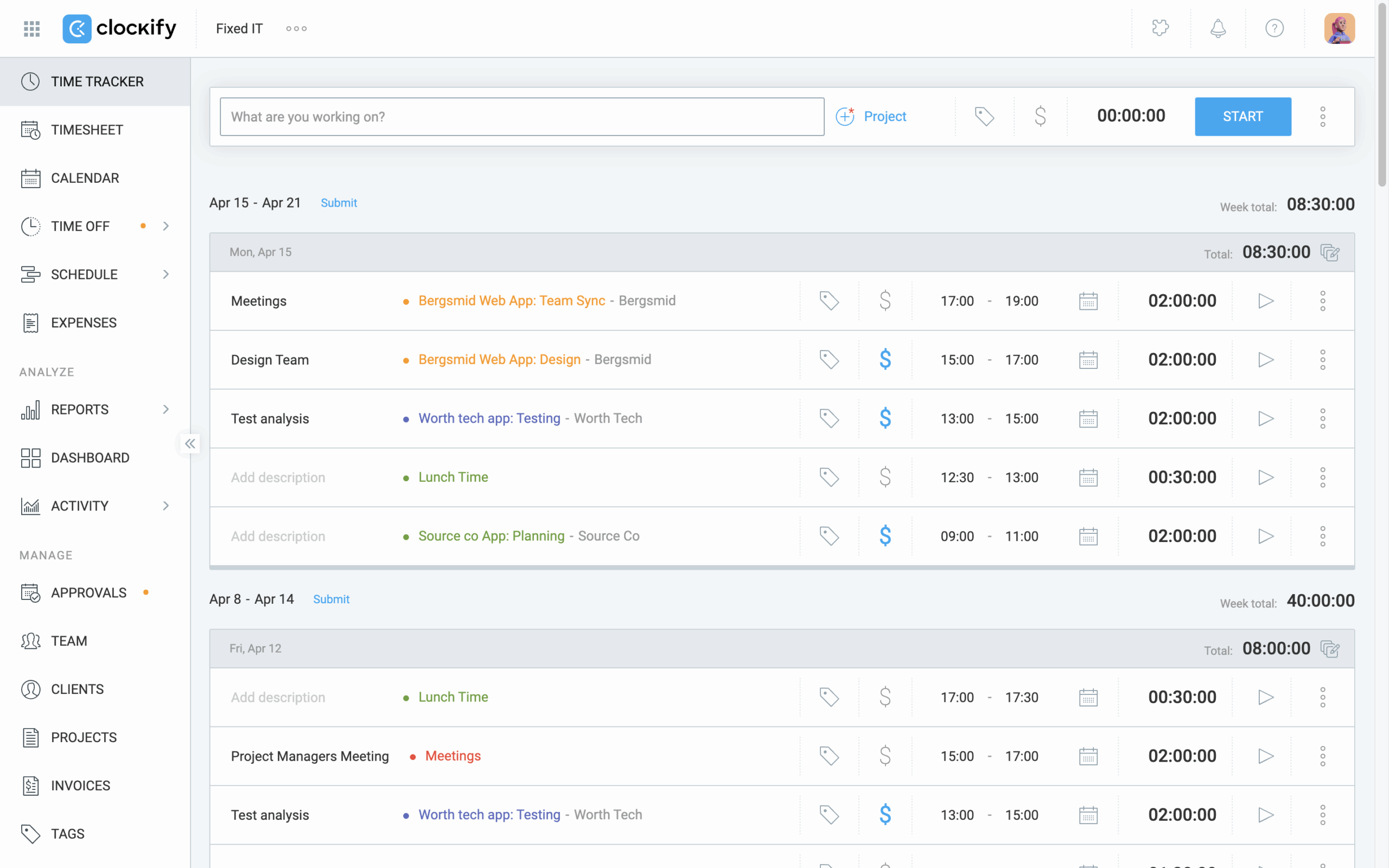 clockify time tracking feature screenshot