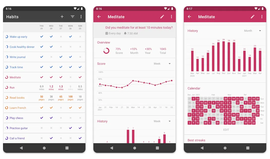 screenshots of loop habit tracker app on an android phone