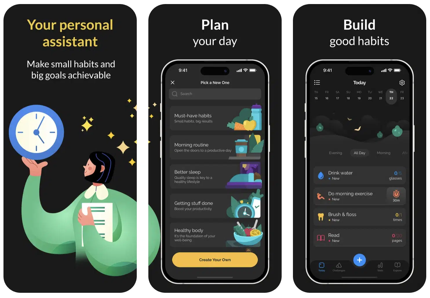 a collage of productive habit tracking app features displayed on the screens of two iphones